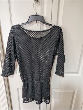 Black Open-Knit Top with Peplum Hem